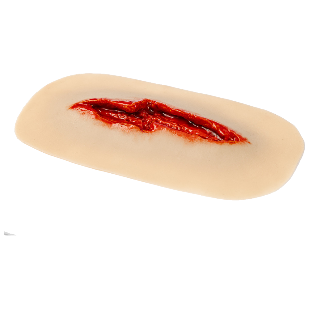 TRAUMASIM Self-Adhesive Jagged Laceration Simulation showing detailed irregular laceration wound appliance for trauma triage and wound assessment training