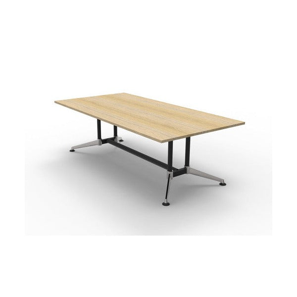 Rapidline Typhoon meeting table with a timber look top fitted on a black frame with polished aluminium feet