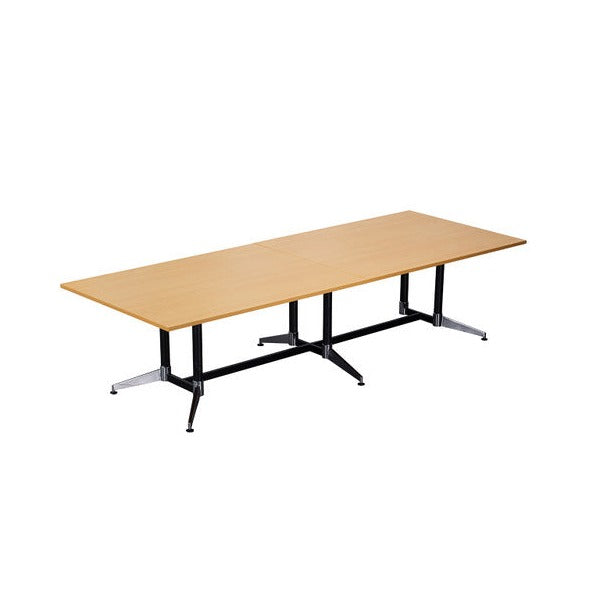 Rapidline Typhoon meeting table product shot with a Beech top on a black powdercoat frame with polished aluminium feet, white background