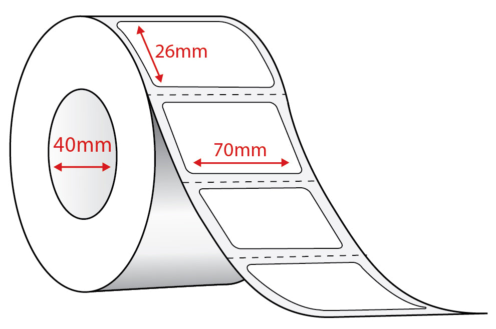 A roll of rectangular labels with dimension annotations showing 26mm height, 70mm width, and 40mm core size on a white background.