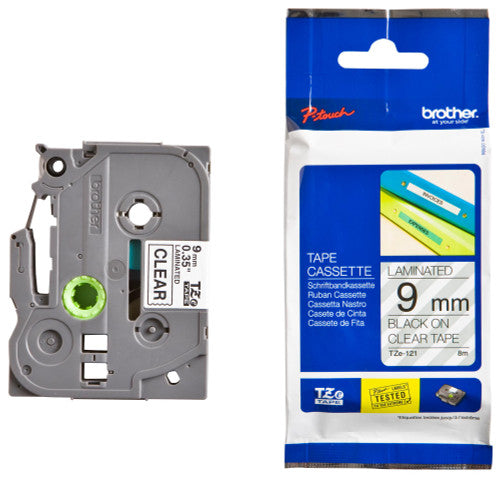 Brother TZe Tape 9mm Black on Clear TZE121
