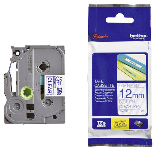 Brother TZe Tape 12mm Blue on Clear TZE133