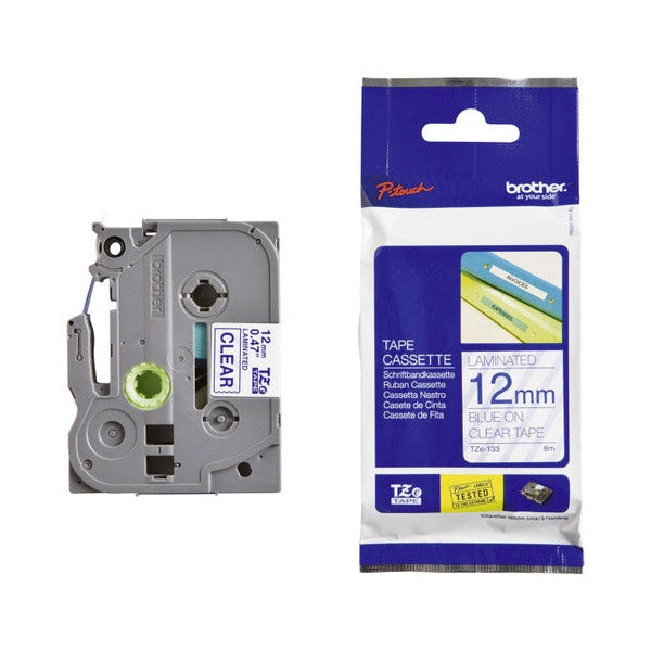 Brother TZe Tape 12mm Blue on Clear TZE133