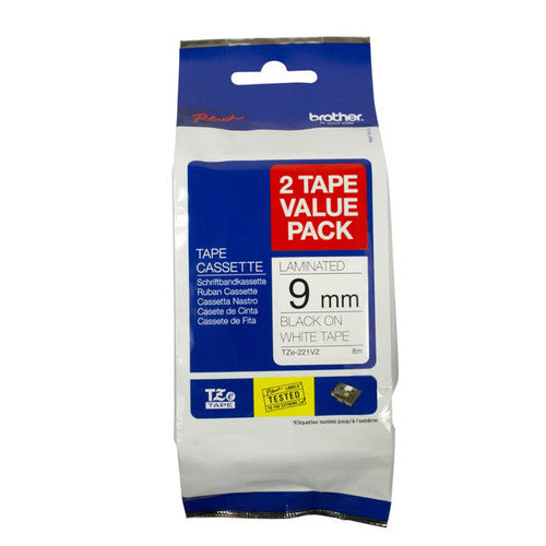 Brother TZE221V2 TZe Tape Twin Pack 9mm Black on White