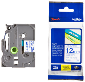 Brother TZe Tape 12mm Blue on White TZE233