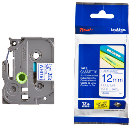 Brother TZe Tape 12mm Blue on White TZE233