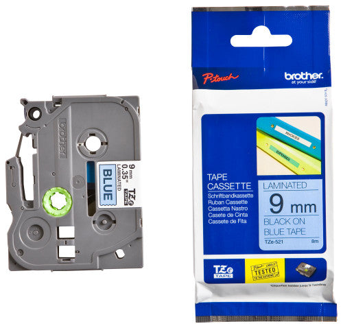 Brother TZe Tape 9mm Black on Blue TZE521