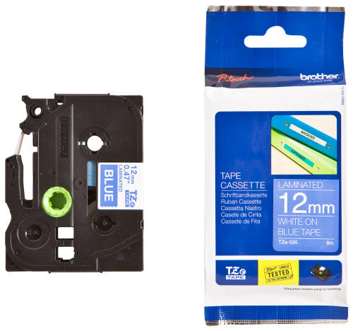 Brother TZe Tape 12mm White on Blue TZE535
