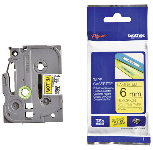 Brother TZe Tape 6mm Black on Yellow TZE611