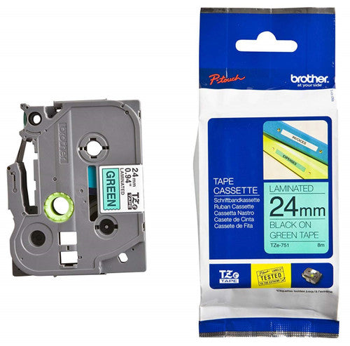 Brother TZe Tape 24mm Black on Green TZE751