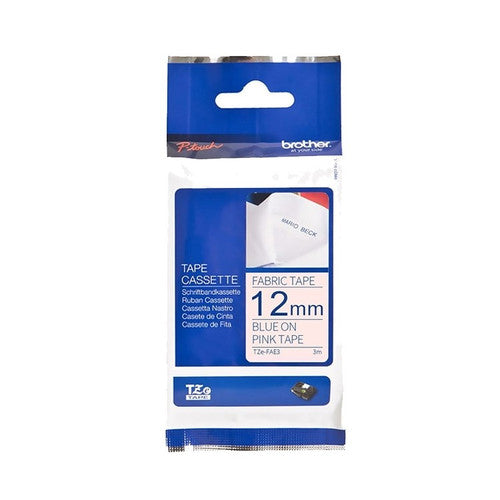 Brother TZe Fabric Iron Tape 12mm Blue on Pink TZEFAE3