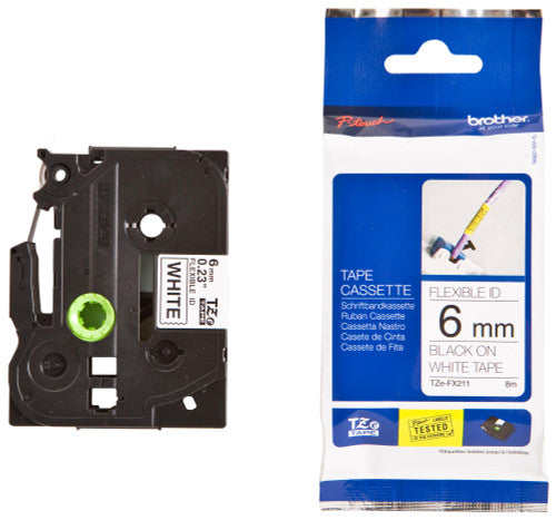 Brother TZe Flexible Tape 6mm Black on White TZEFX211