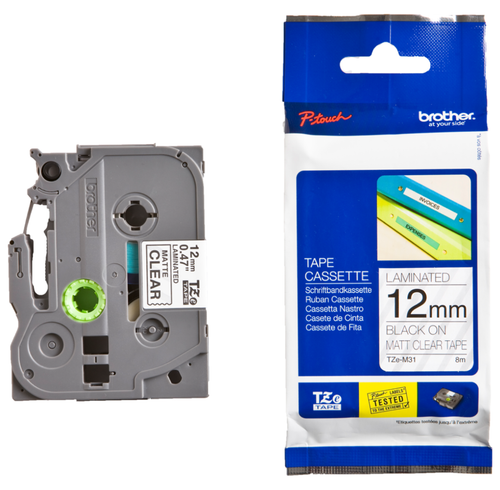Brother TZe Matt Tape 12mm Black on Clear TZEM31