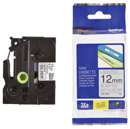 Brother TZe Matt Tape 12mm Black on Silver TZEM931