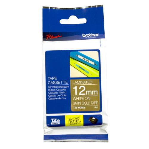 Brother Label Tape Cassette 12mm White on Satin Gold TZEMQ835