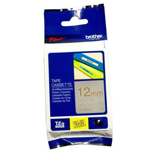 Brother Label Tape Cassette 12mm Gold on Satin Silver TZEMQ934