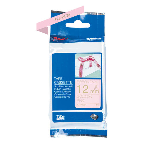 Brother Ribbon Label Tape Cassette 12mm x 4m Gold on Pink TZERE34