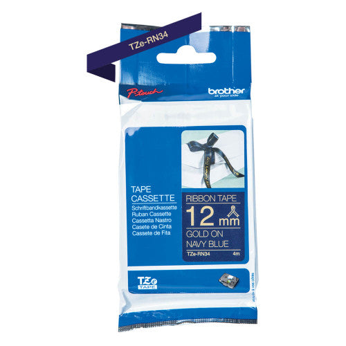Brother Ribbon Label Tape Cassette 12mm x 4m Gold on Navy Blue TZERN34