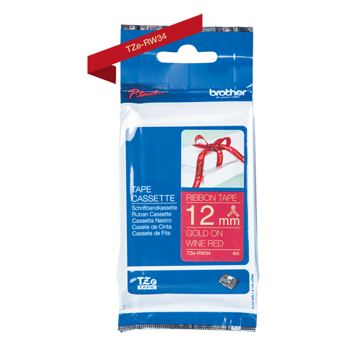 Brother TZERW34 Ribbon Label Tape Cassette 12mm x 4m Gold on Wine Red
