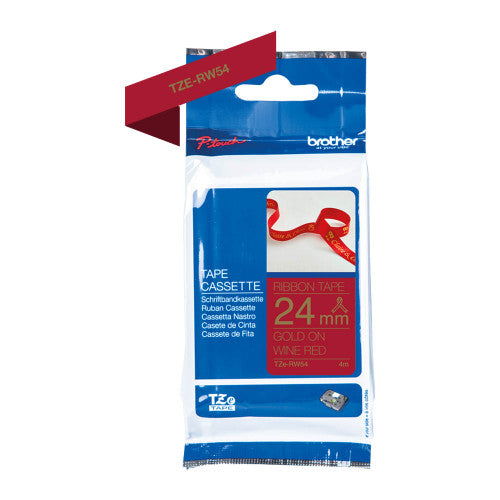 Brother TZERW54 Ribbon Label Tape Cassette Gold on Wine Red 24mm x 4m