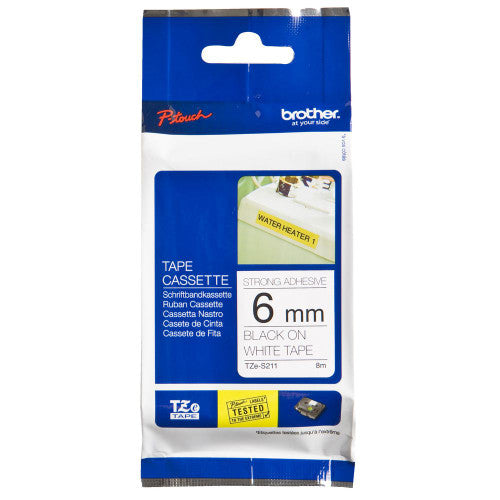Brother TZe Strong Adhesive Tape 6mm Black on White TZES211