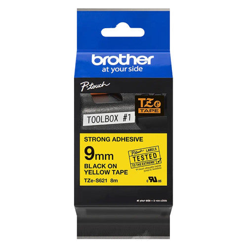 Brother TZES621 Strong Adhesive TZe Tape 9mm Black on Yellow