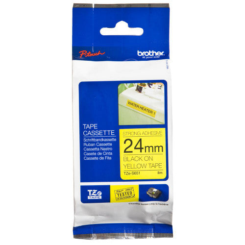Brother TZe Strong Adhesive Tape 24mm Black on Yellow TZES651