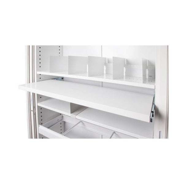 Side view of the white Go pull out file shelf slid forward from a tambour cupboard fitted with further shelves