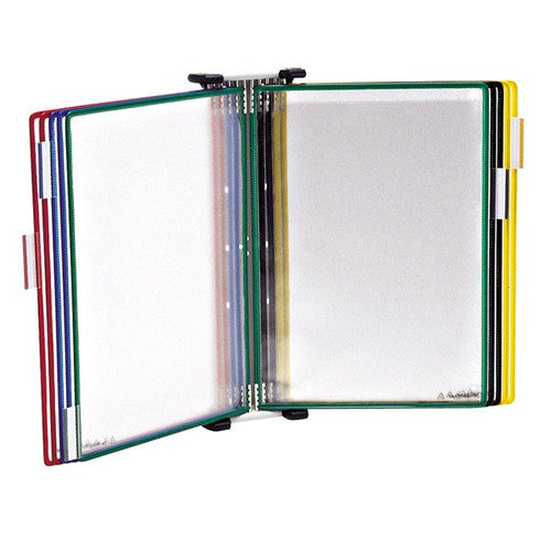 Tarifold Technic 10-pocket A4 wall unit in grey with assorted coloured pockets and clip-on index tabs
