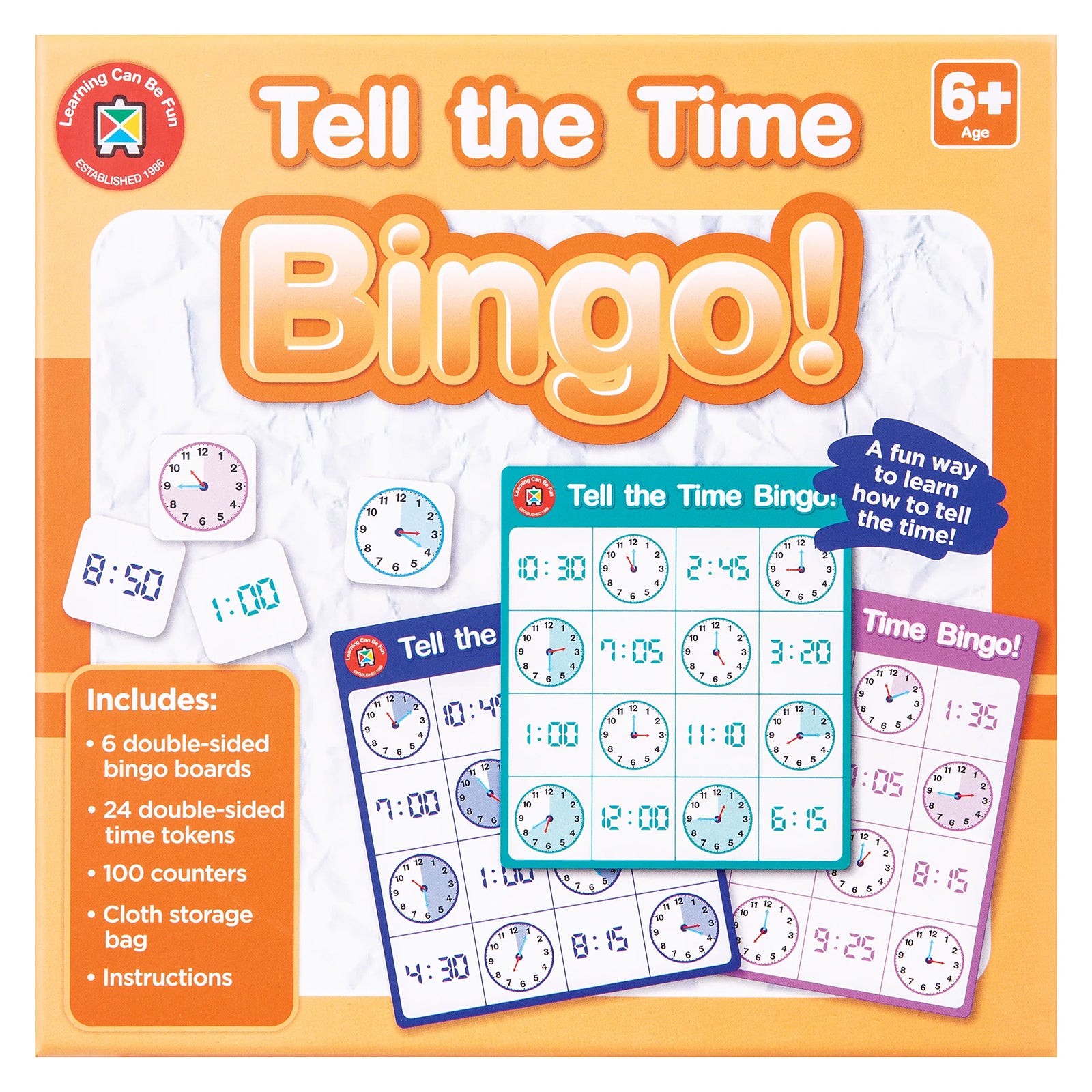 Front packaging artwork for Learning Can Be Fun Tell the Time Bingo featuring analogue clock illustrations, digital time displays and sample bingo boards. The packaging highlights learning through play while teaching children how to tell the time accurately.