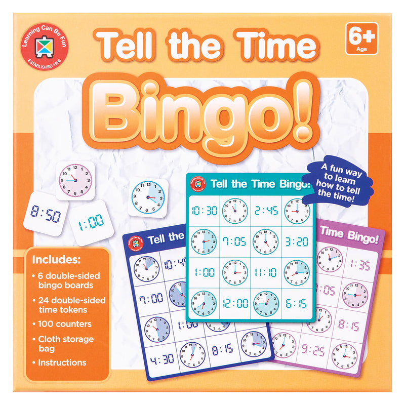 Front packaging artwork for Learning Can Be Fun Tell the Time Bingo featuring analogue clock illustrations, digital time displays and sample bingo boards. The packaging highlights learning through play while teaching children how to tell the time accurately.
