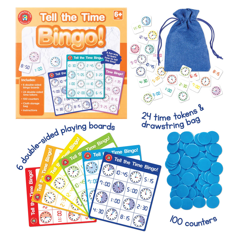 Product overview showing all Tell the Time Bingo components including six double sided boards, twenty four double sided time tokens, one hundred counters and a blue drawstring storage bag. The image clearly presents the contents designed for educational group activities.