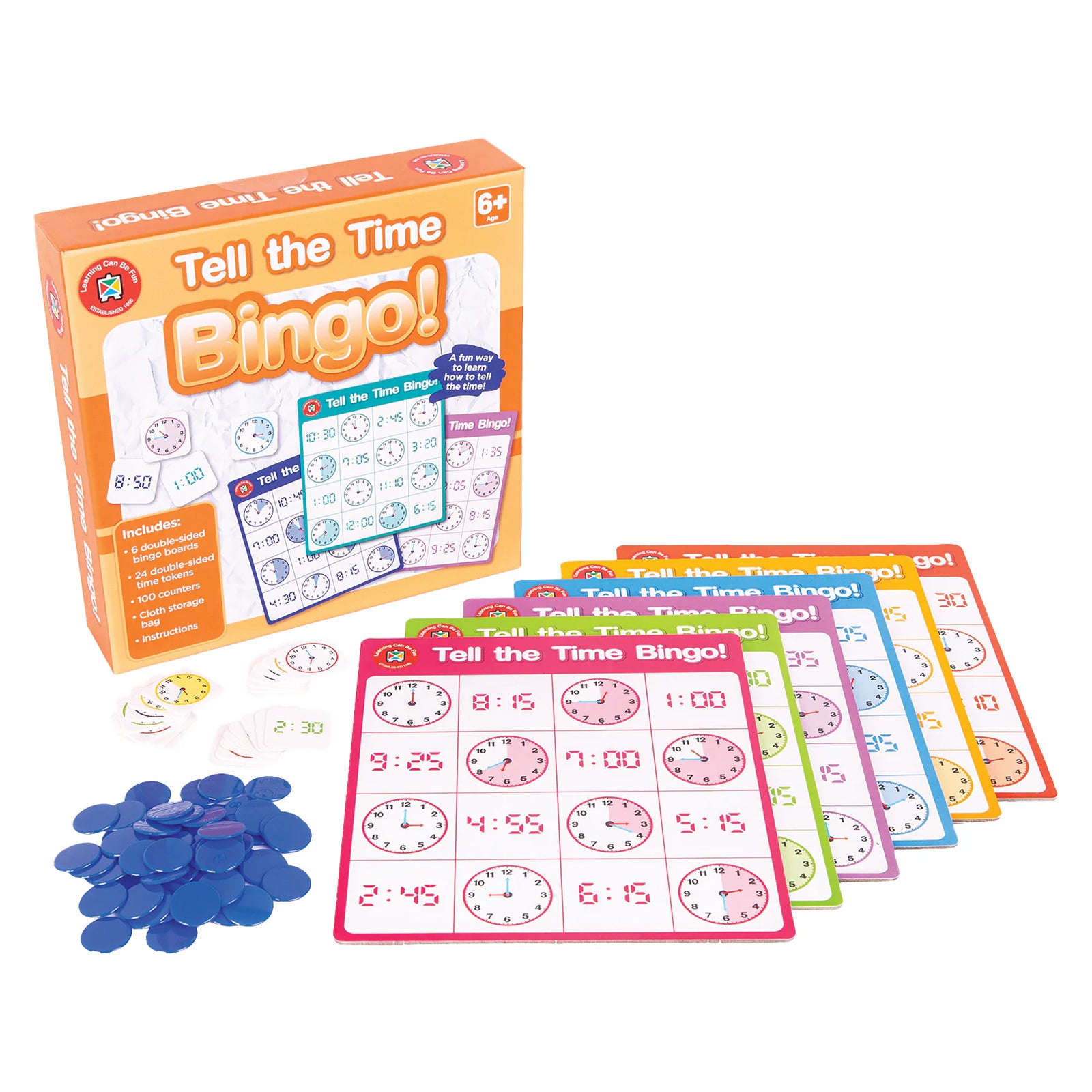 Tell the Time Bingo educational game displayed with packaging, learning boards and clock matching pieces. The image showcases the colourful design and practical resources that help children build confidence reading and understanding time.