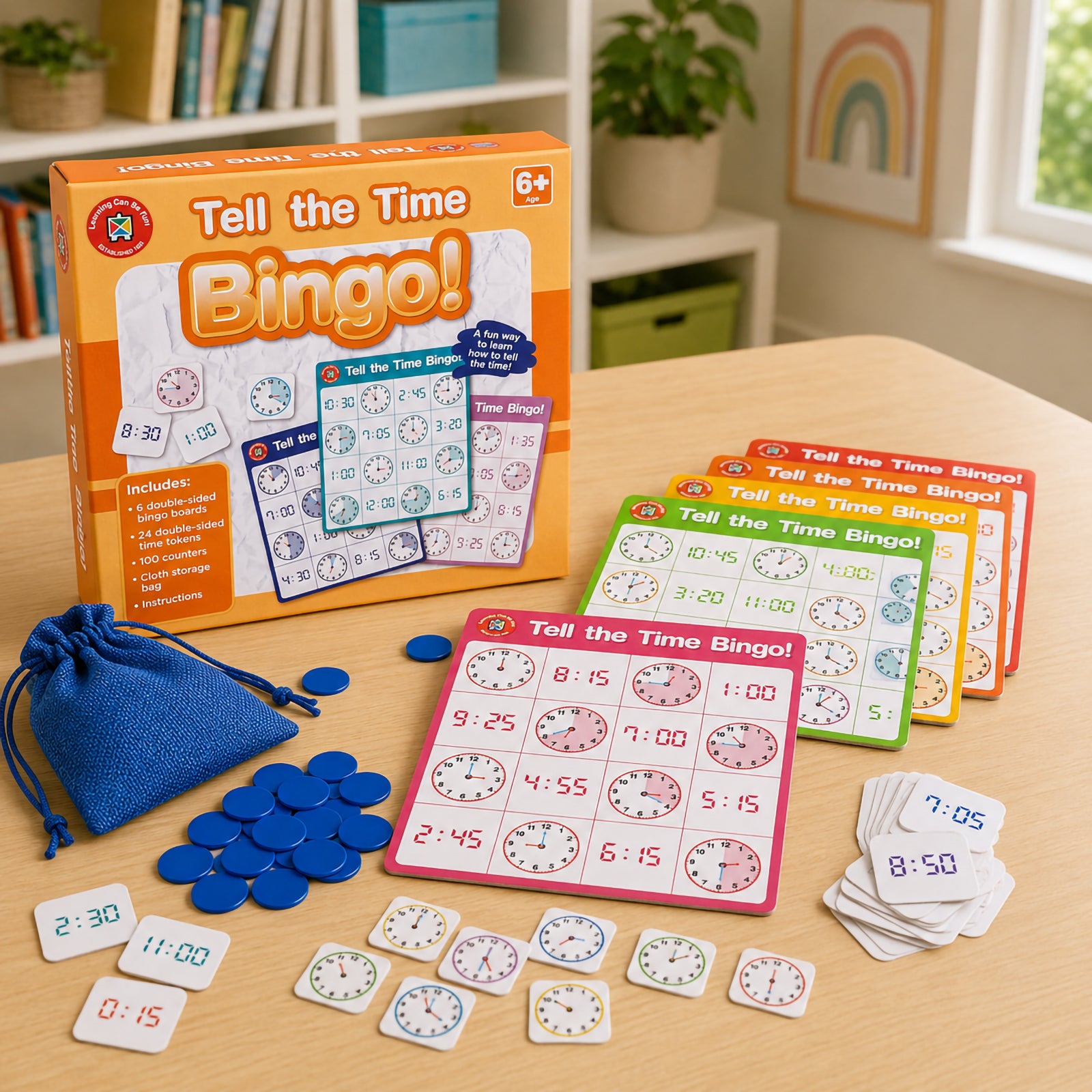 Complete Tell the Time Bingo set displayed with retail packaging, colourful double sided bingo boards, time tokens, counters and storage bag. The arrangement highlights the educational resources included for teaching analogue and digital clock reading.