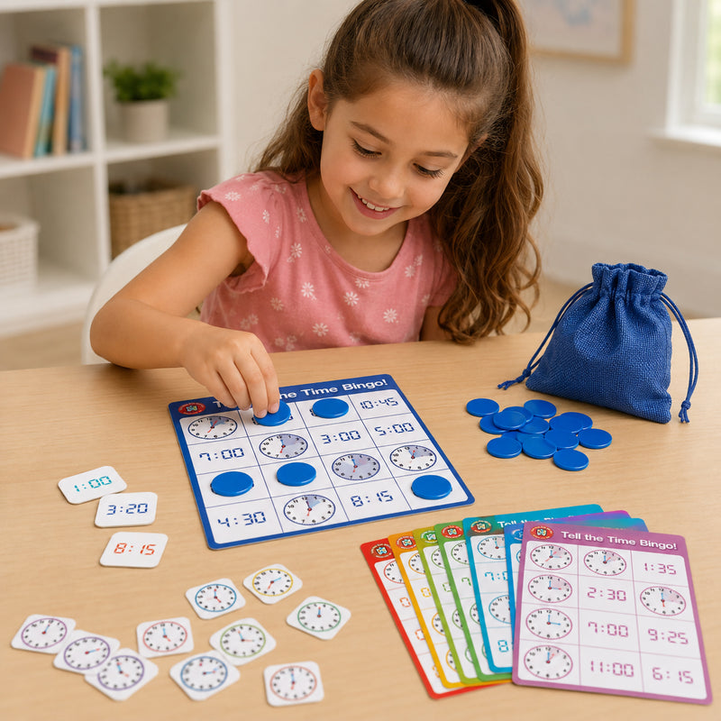 Young learner engaging with Tell the Time Bingo using colourful bingo boards, time tokens and counters. The image demonstrates how children match analogue clocks with digital times while developing essential time telling and numeracy skills in a fun learning environment.