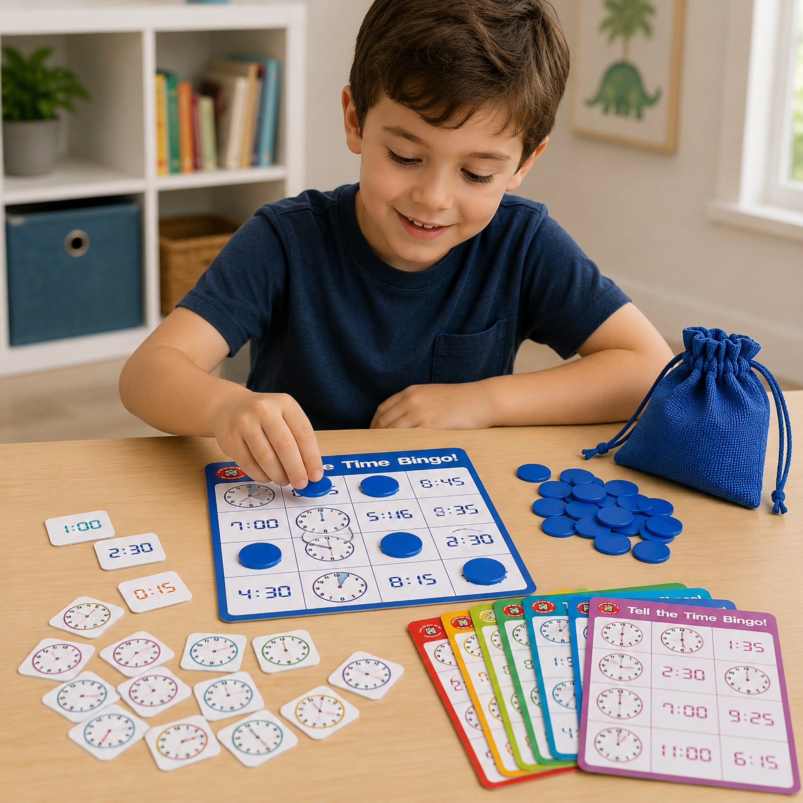 Child playing Learning Can Be Fun Tell the Time Bingo at a table while matching counters to a bingo board featuring analogue clock faces and digital time displays. The educational game promotes time recognition skills, clock reading confidence and interactive learning through play.