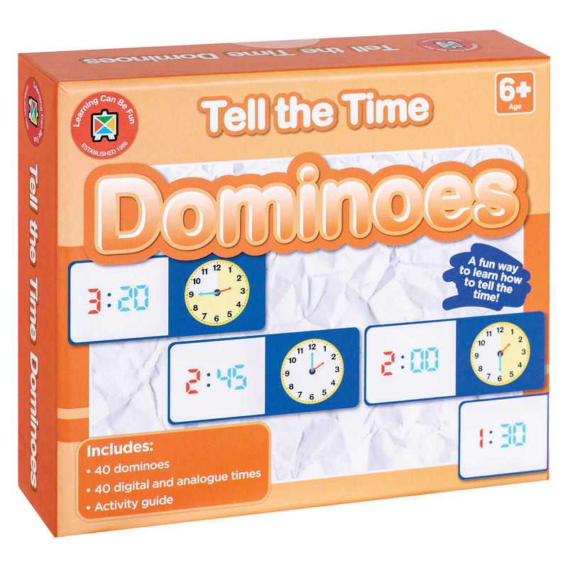 Front packaging artwork for Learning Can Be Fun Tell the Time Dominoes featuring examples of digital times and matching analogue clock faces. The product encourages early numeracy and practical time recognition skills.