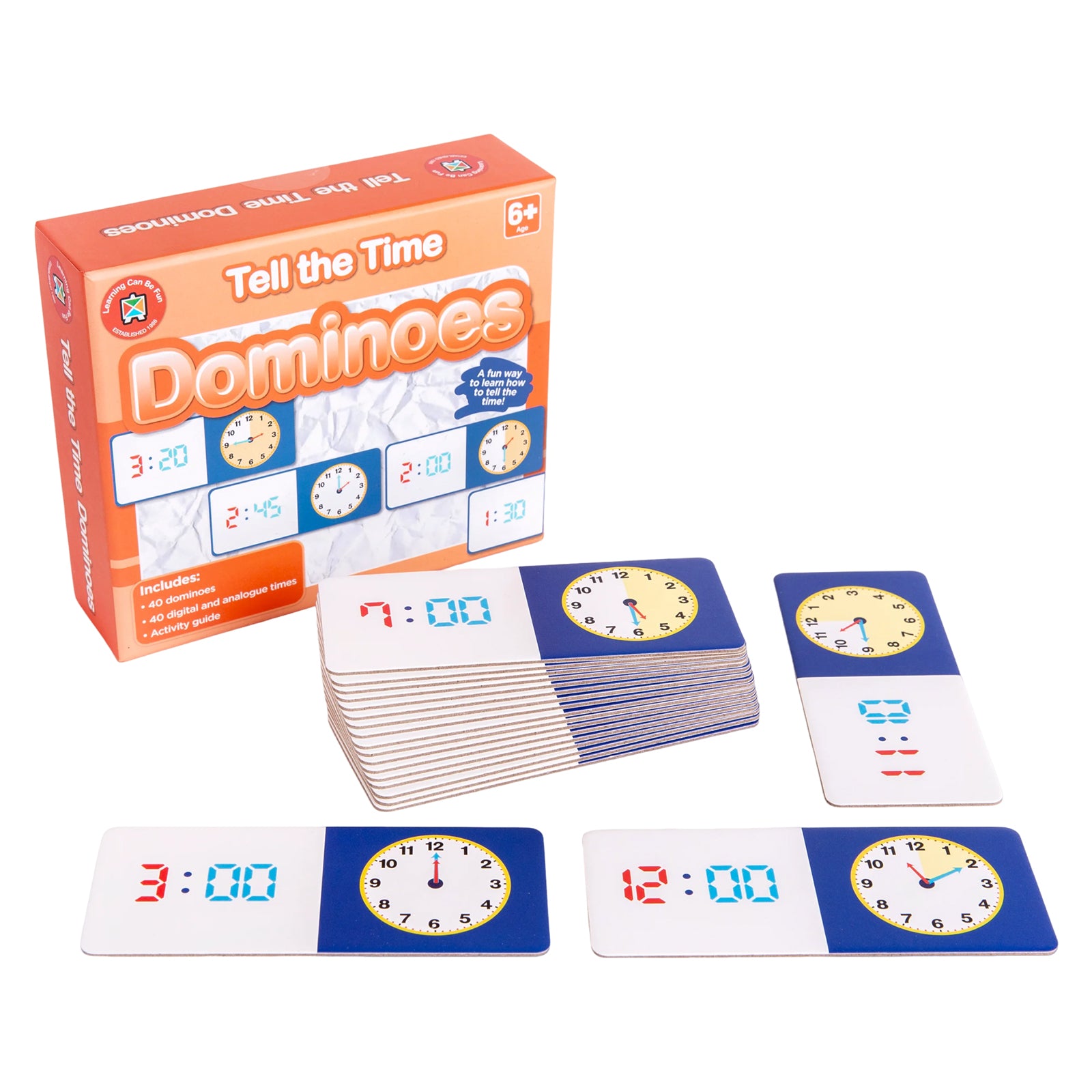 Product contents image showing Tell the Time Dominoes box, stacked dominoes and example cards featuring matching digital and analogue times. The educational game helps children practise essential time telling skills through play.