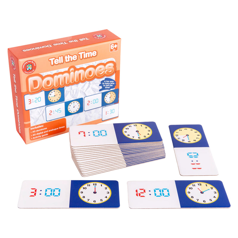 Product contents image showing Tell the Time Dominoes box, stacked dominoes and example cards featuring matching digital and analogue times. The educational game helps children practise essential time telling skills through play.