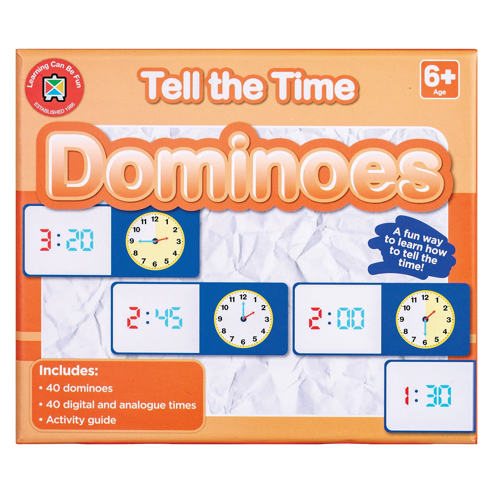 Close up packaging image highlighting the Tell the Time Dominoes educational resource, including 40 dominoes, 40 digital and analogue times and an activity guide designed to support effective time learning.