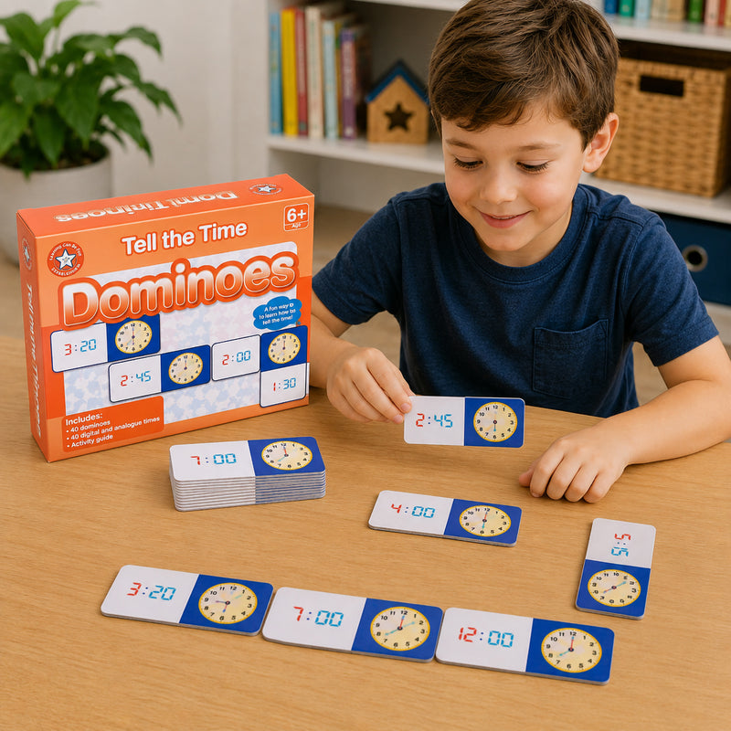Child playing Tell the Time Dominoes while connecting digital and analogue time cards into a domino chain. The activity encourages clock reading confidence and helps learners understand different time display formats.