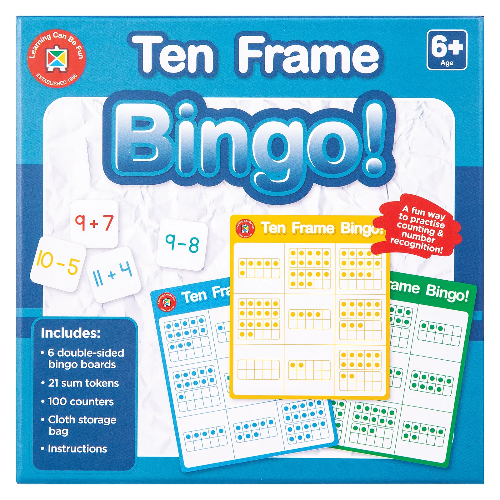 Front packaging artwork for Learning Can Be Fun Ten Frame Bingo featuring sample ten frame boards and sum tokens. The packaging highlights counting practice, number recognition and learning through play for young mathematics learners.