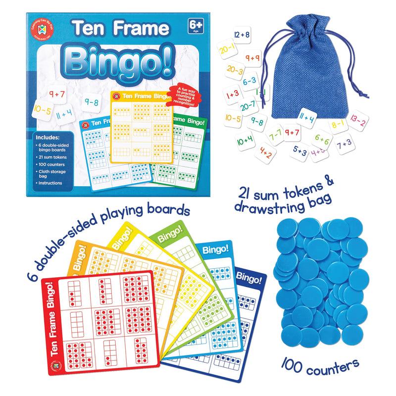 Product contents overview showing six double sided bingo boards, twenty one sum tokens, one hundred counters and a drawstring storage bag. The image clearly presents all components designed to support classroom and home numeracy learning.
