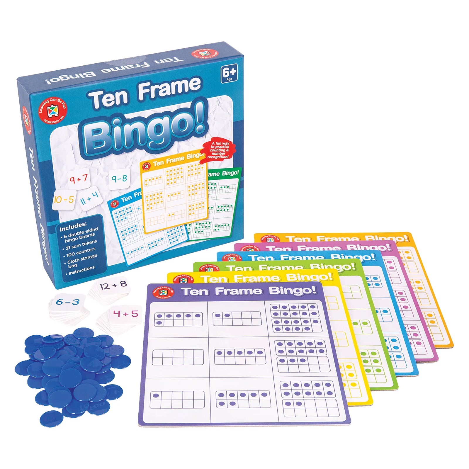 Ten Frame Bingo game set arranged with colourful boards, arithmetic tokens and counters ready for play. The educational resources help learners visualise quantities and strengthen foundational maths skills through interactive bingo activities.