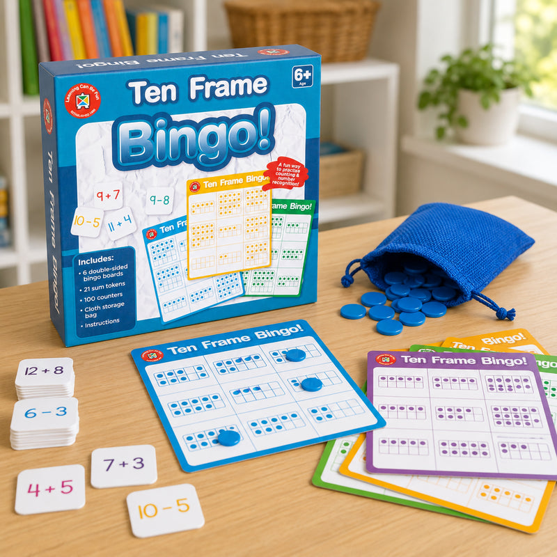 Complete Ten Frame Bingo educational set featuring retail packaging, bingo boards, counters and sum tokens. The display showcases the learning resources included for practising counting, number relationships and basic maths concepts.