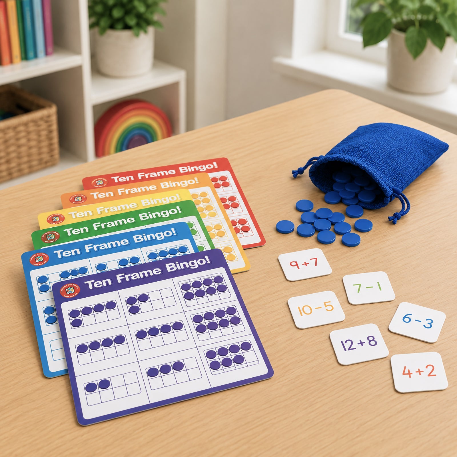 Colourful Ten Frame Bingo boards displayed alongside sum tokens, counters and a blue storage bag. The image highlights the visual learning approach that helps children build number recognition and early arithmetic confidence using ten frame activities.
