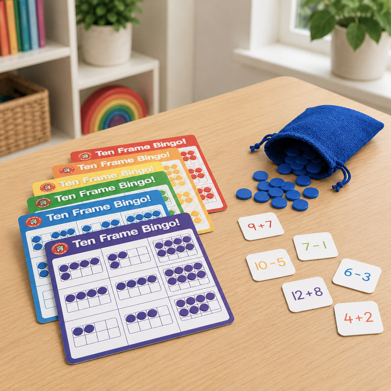 Colourful Ten Frame Bingo boards displayed alongside sum tokens, counters and a blue storage bag. The image highlights the visual learning approach that helps children build number recognition and early arithmetic confidence using ten frame activities.