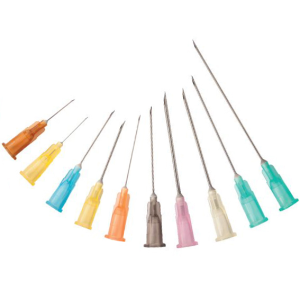 Terumo Agani 18 gauge by 38mm hypodermic needle with pink colour-coded transparent hub and rigid clear needle protector, shown beside its box of 100 on a plain background