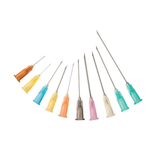 Terumo Agani 18 gauge by 38mm hypodermic needle with pink colour-coded transparent hub and rigid clear needle protector, shown beside its box of 100 on a plain background