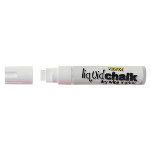 Product image of the Texta Jumbo Liquid Chalk Marker White with the cap removed to reveal the 15 mm chisel tip. The clean white background highlights the marker's durable plastic barrel and professional design.